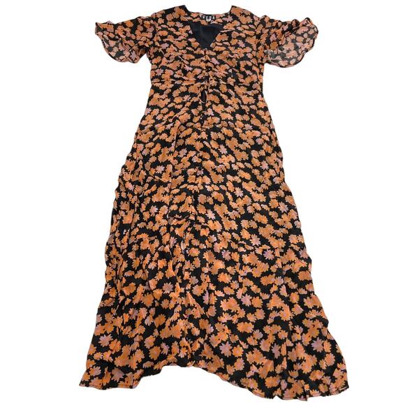 VEDA Dress Womens Medium Montana Orange Black Floral Printed Button Front Midi - Picture 3 of 13